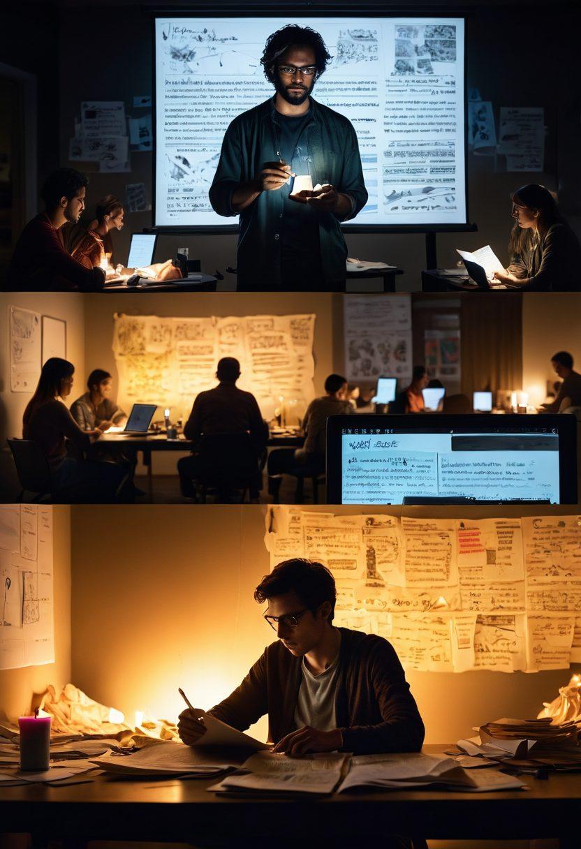 A split scene depicting a solitary writer in a dimly lit room on one side, surrounded by crumpled papers and a flickering candle, while on the other side, a vibrant group of diverse individuals collaborating around a large screen displaying a digital story in progress, with colorful notes and sketches scattered around. The contrast symbolizes the evolution from solitary writing to teamwork in digital storytelling. super-realistic. vibrant colors. 3D.