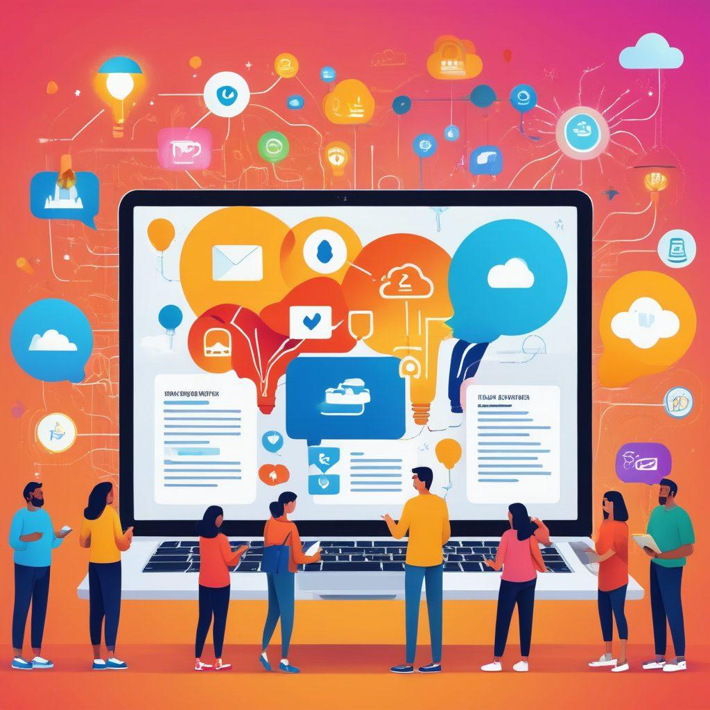A diverse group of people of different ages and ethnicities, collaborating around a large digital screen showcasing various blog posts and content sharing platforms, symbolizing community interaction. Vibrant illustrated bridges connect them, representing the idea of building connections in the blogosphere. A background of a colorful landscape filled with symbols of content creation like quills, laptops, and light bulbs. cartoon style. vibrant colors. 3D.