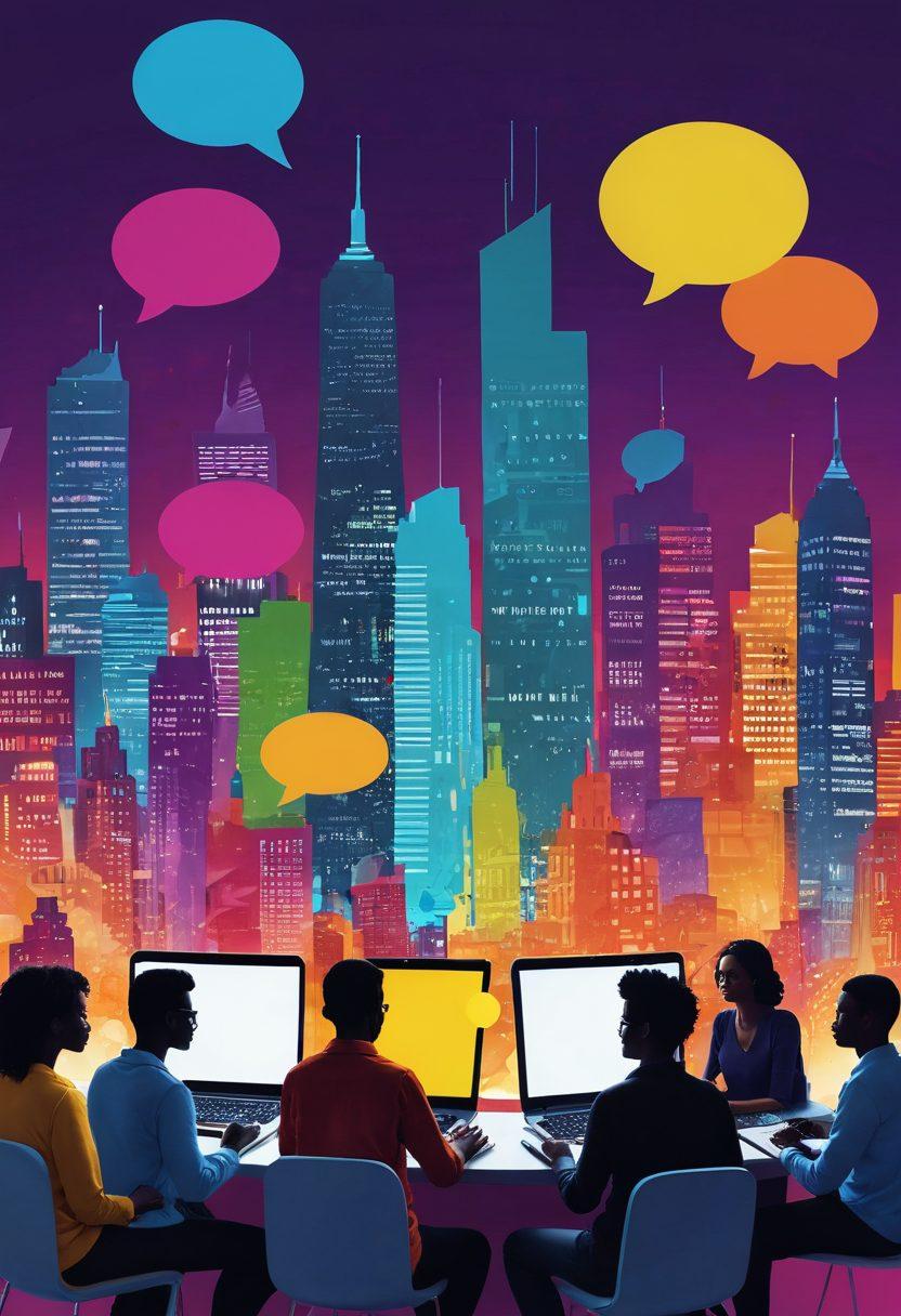 A dynamic scene of diverse individuals gathered around laptops and digital devices, engaging in lively discussions and sharing ideas. Bright speech bubbles filled with words symbolizing storytelling, creativity, and community connect the participants, creating an atmosphere of collaboration. The background features a digital city skyline, symbolizing the online world. Vivid colors and an inviting layout enhance the sense of unity and interaction. super-realistic. vibrant colors. digital art.